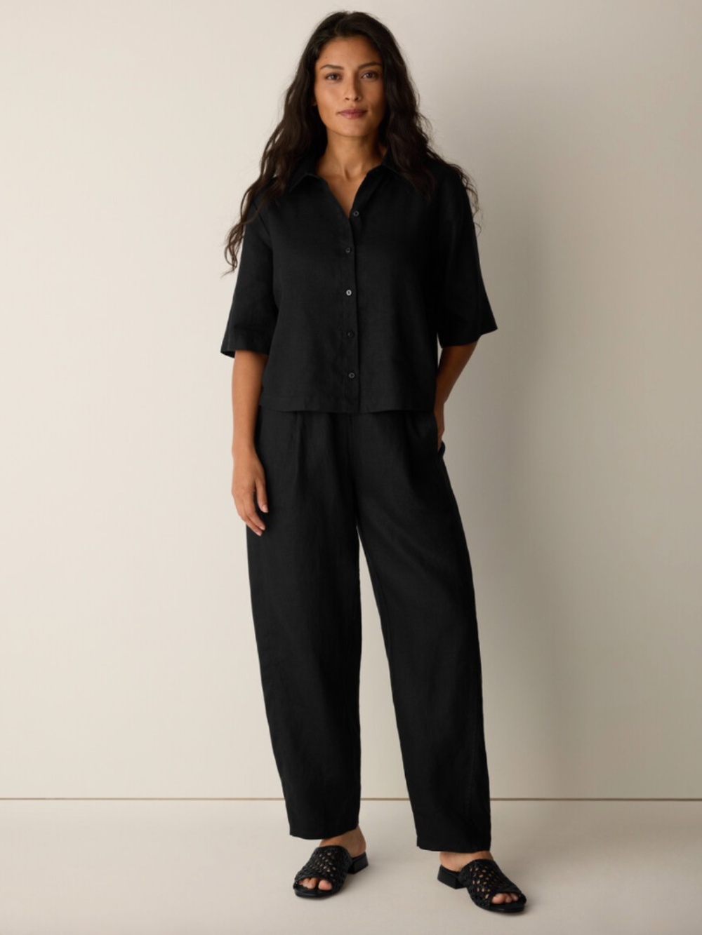 Eileen Fisher Organic Linen Pleated Lantern Pant — Black, Petite Small PS